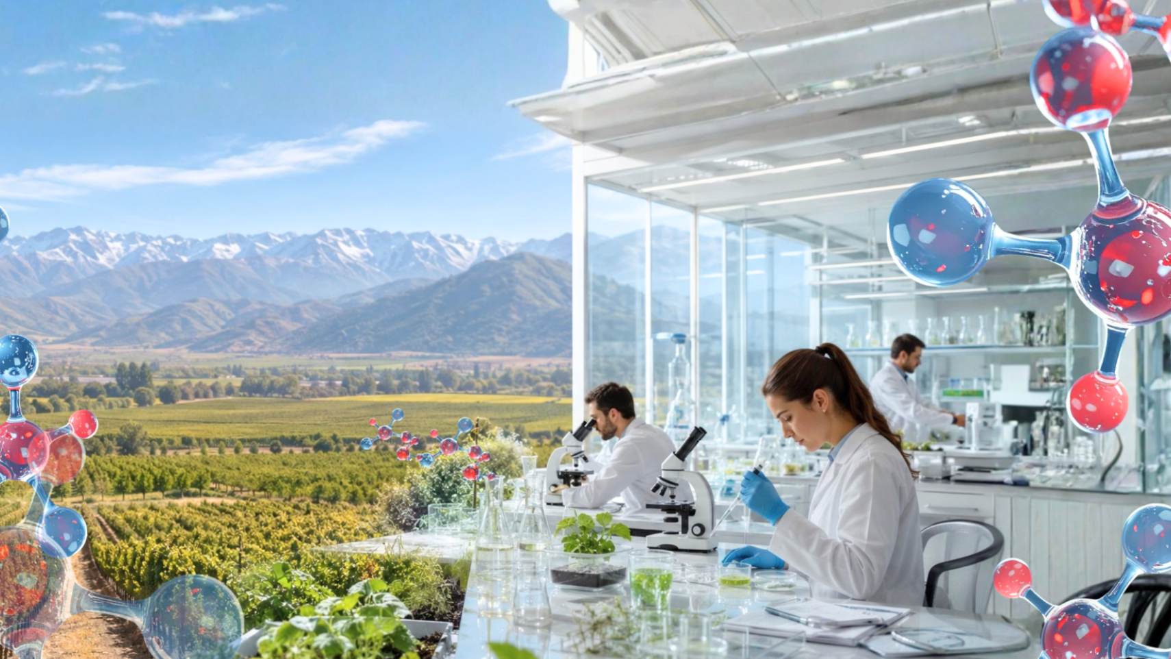 Laboratorio con vista a viñedo y montañas