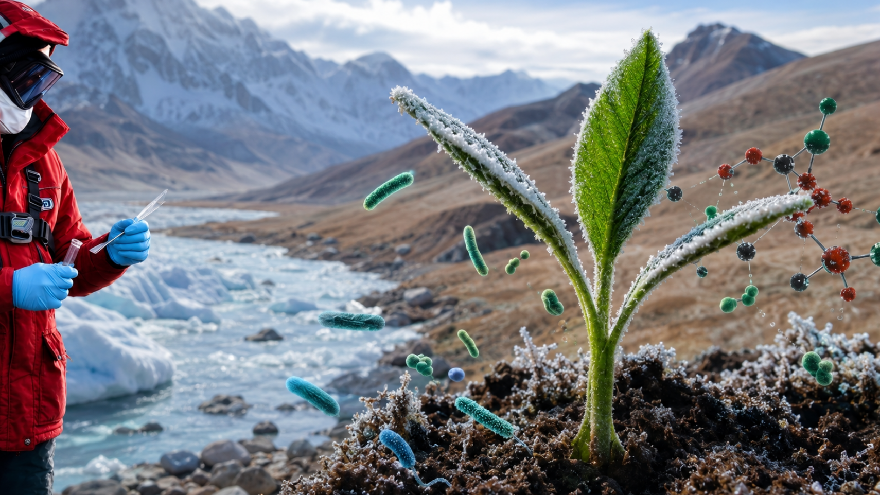 Científica en la Antártica junto a hielo y molécula