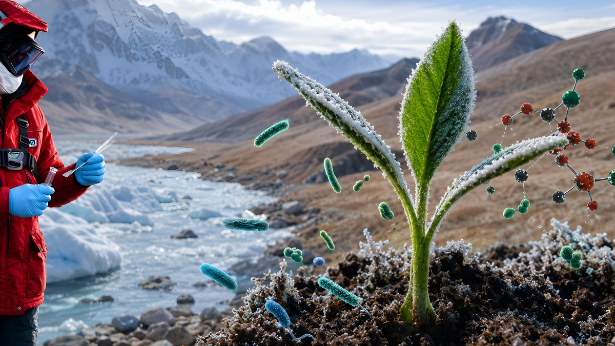 Científica en la Antártica junto a hielo y molécula