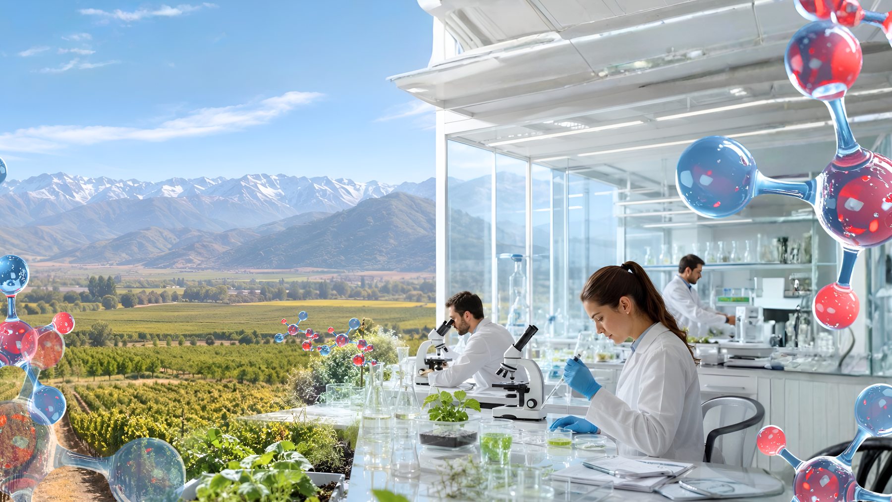 Laboratorio con vista a viñedo y montañas